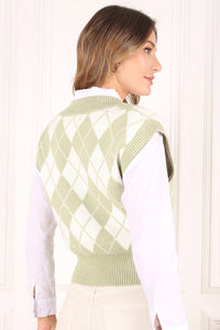 Lilou Green Argyle Yarn Dyed Knit Sweater Vest