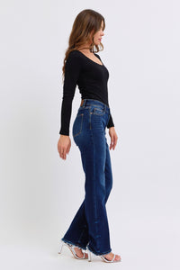 Judy Blue Raw Hem Dark Blue Denim Straight Leg Jeans