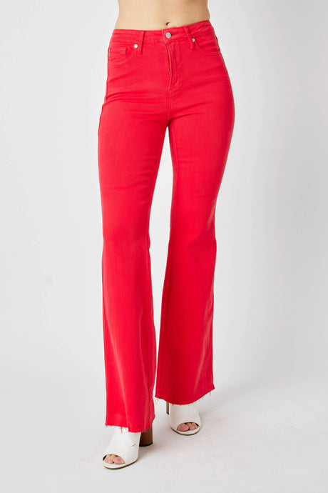 Judy Blue Tummy Control Red Garment Dyed Flared Leg Denim Jeans