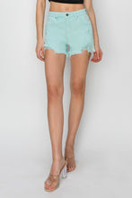 Cargar imagen en el visor de la galería, RISEN Mid Rise Raw Frayed Hem Mint Green Denim Jean Shorts
