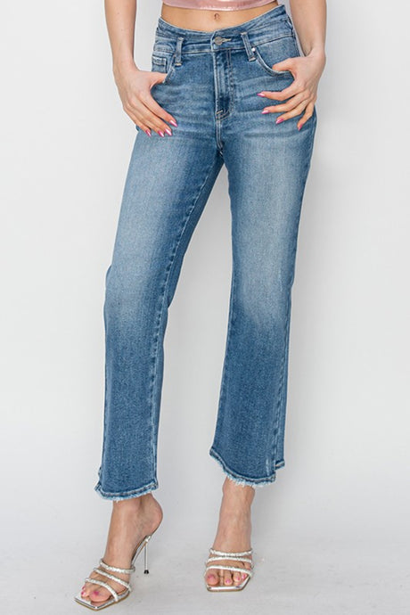 RISEN Raw Hem Blue Denim Straight Leg Jeans