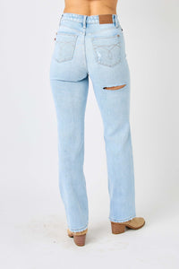 Judy Blue High Waisted Distressed Straight Leg Blue Denim Jeans