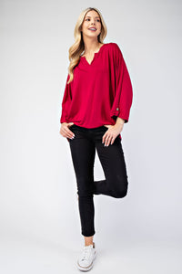 Celeste Red Notched Three-Quarter Sleeve Top