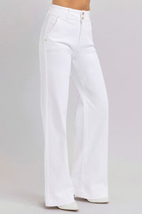 RISEN Tummy Control Double Button Wide Leg White Denim Jeans