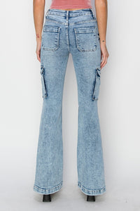 RISEN Blue Denim Cargo Flared Leg Jeans