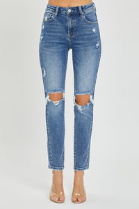 Risen High Rise Knee Distressed Skinny Blue Denim Jeans