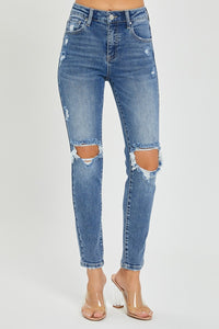 Risen High Rise Knee Distressed Skinny Blue Denim Jeans