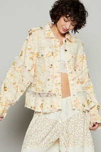 POL Yellow Raw Hem Lace Patch Flounce Sleeve Jacket