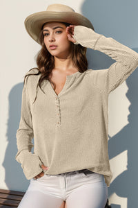 Double Take Solid Color Notched Thumbhole Long Sleeve Top