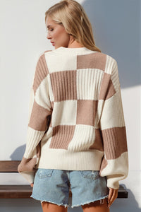 Double Take Checkered Dropped Shoulder Knit Cardigan