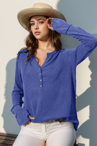 Double Take Solid Color Notched Thumbhole Long Sleeve Top