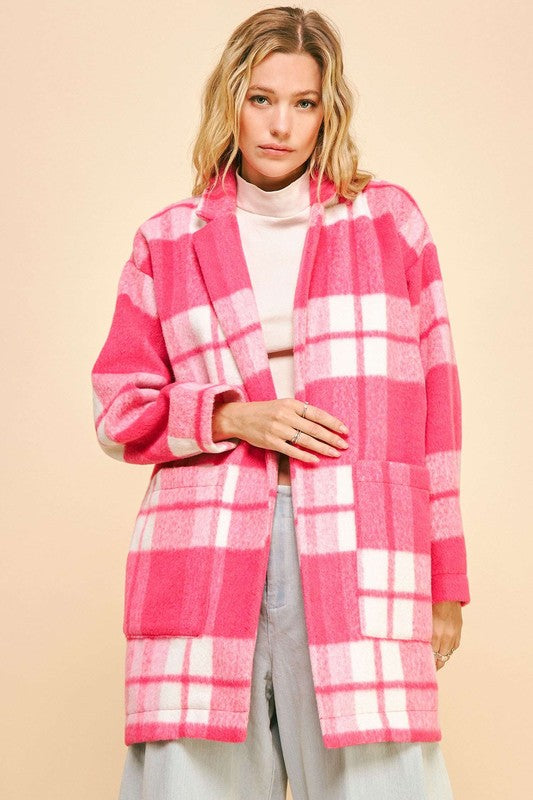 Davi & Dani Pink Plaid Open Front Longline Jacket