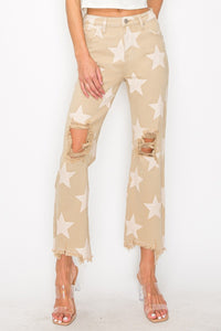 RISEN Star Pattern Frayed Hem Khaki Denim Jeans