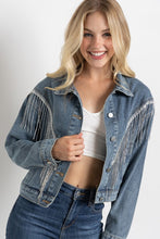 Ladda upp bild till gallerivisning, Sweet Generis Washed Rhinestone Fringe Cropped Denim Jacket
