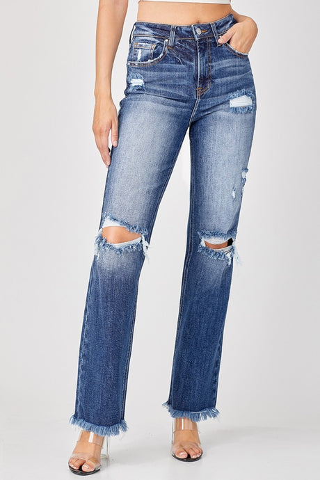 Risen Raw Hem Distressed Denim Straight Leg Jeans