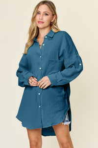 Double Take Textured Color Block Button Down Shirt