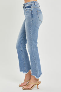 RISEN Raw Frayed Hem Cropped Straight Leg Blue Denim Jeans