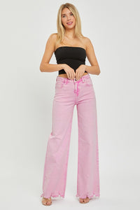 RISEN High Waisted Chewed Raw Hem Wide Leg Pink Denim Jeans