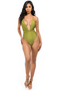 Mermaid Swimwear Crisscross Tie Back Deep V One Piece Swimsuit