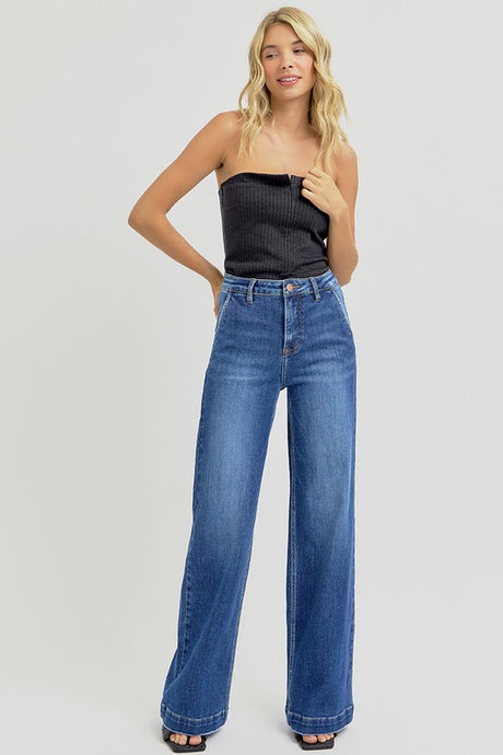 RISEN High Rise Slanted Pocket Wide Leg Blue Denim Jeans