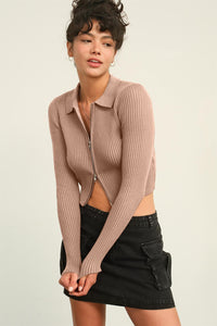 HYFVE Double Zip Cropped Ribbed Knit Cardigan