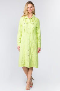 American Bazi Green Button Down Distressed Denim Dress