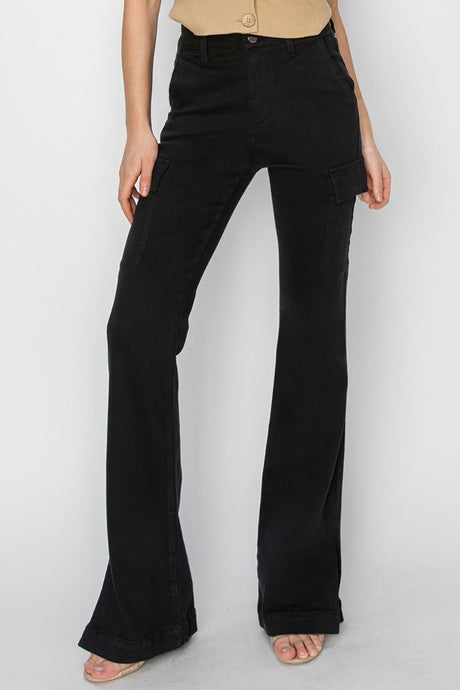 Risen Side Slit Cargo Black Denim Bootcut Jeans