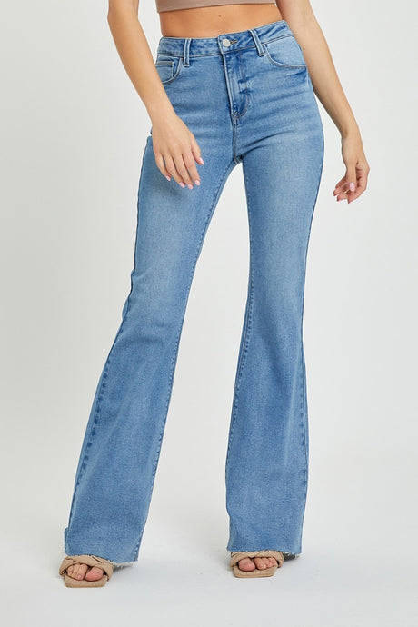 RISEN High Waisted Raw Cut Hem Blue Denim Bootcut Jeans