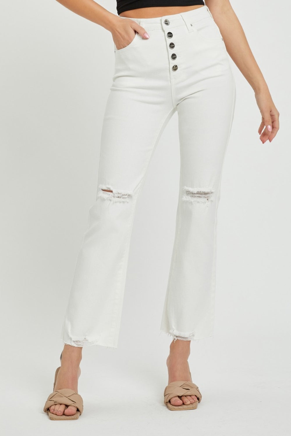 RISEN High Rise Button Fly White Denim Straight Leg Jeans