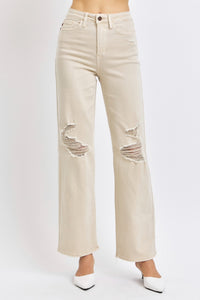 Judy Blue High Waisted Distressed Wide Leg Bone White Denim Jeans