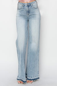 Risen High Rise Light Blue Wash Released Hem Wide Leg Denim Jeans