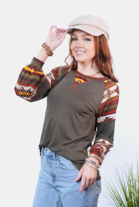 Celeste Earthy Color Block Aztec Long Sleeve Top