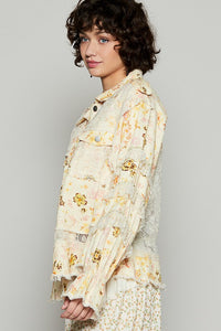 POL Yellow Raw Hem Lace Patch Flounce Sleeve Jacket