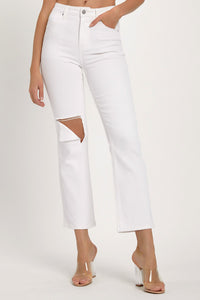 RISEN Distressed Cropped White Denim Straight Leg Jeans