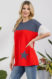 Celeste Solid Color Block Contrast Star Patch Ribbed Knit Top