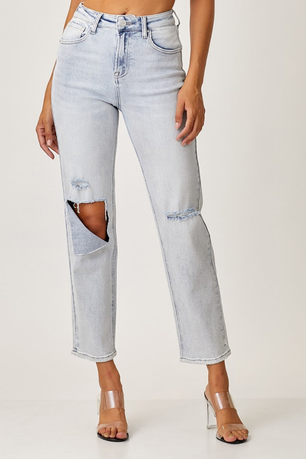 RISEN Ripped Distressed Relaxed Straight Leg Blue Denim Jeans