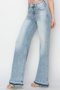 Risen High Rise Light Blue Wash Released Hem Wide Leg Denim Jeans