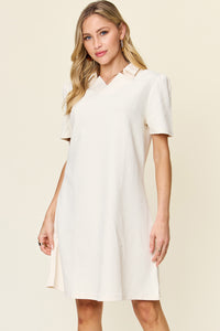 Double Take Solid Color Textured Collared Short Sleeve Dress