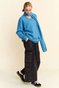 Davi & Dani Blue Dropped Shoulder Sweater with Scarf