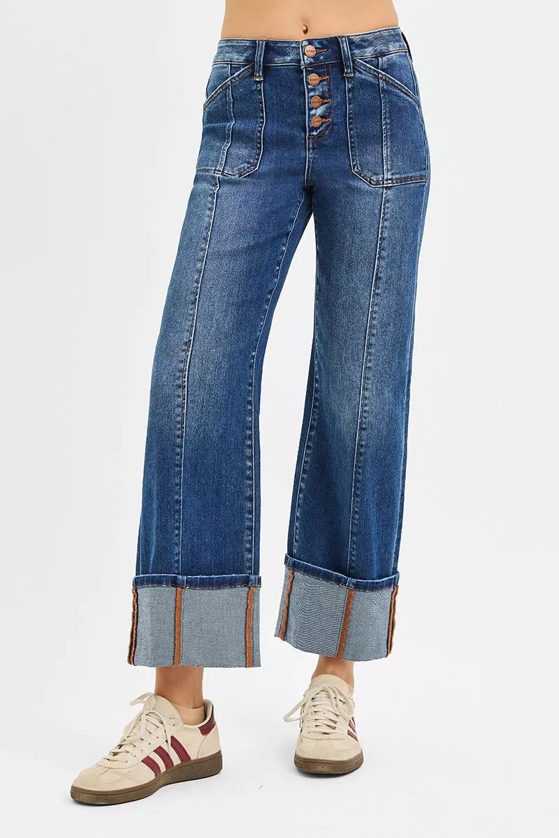RISEN High Rise Crop Wide Straight Cuffed Jeans