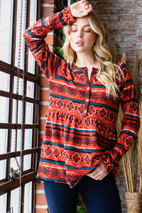 Heimish Aztec Button Detailed Babydoll Top