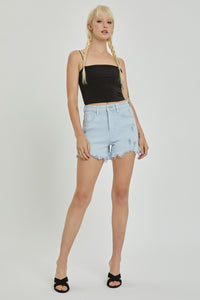 RISEN High Rise Distressed Ice Blue Denim Jean Shorts