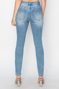 Risen High Rise Knee Distressed Skinny Blue Wash Denim Jeans