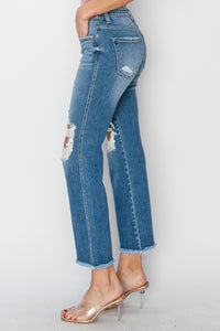 RISEN Mid Rise Distressed Cropped Blue Denim Flared Leg Jeans