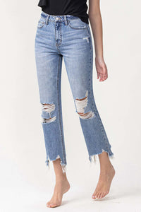 Lovervet High Waisted Distressed Chewed Raw Hem Blue Denim Straight Leg Jeans