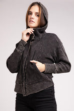 Load image into Gallery viewer, Zenana Acid Washed Cotton Waffle Woven Zip Up Hooded Jacket
