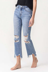 Lovervet High Waisted Distressed Chewed Raw Hem Blue Denim Straight Leg Jeans