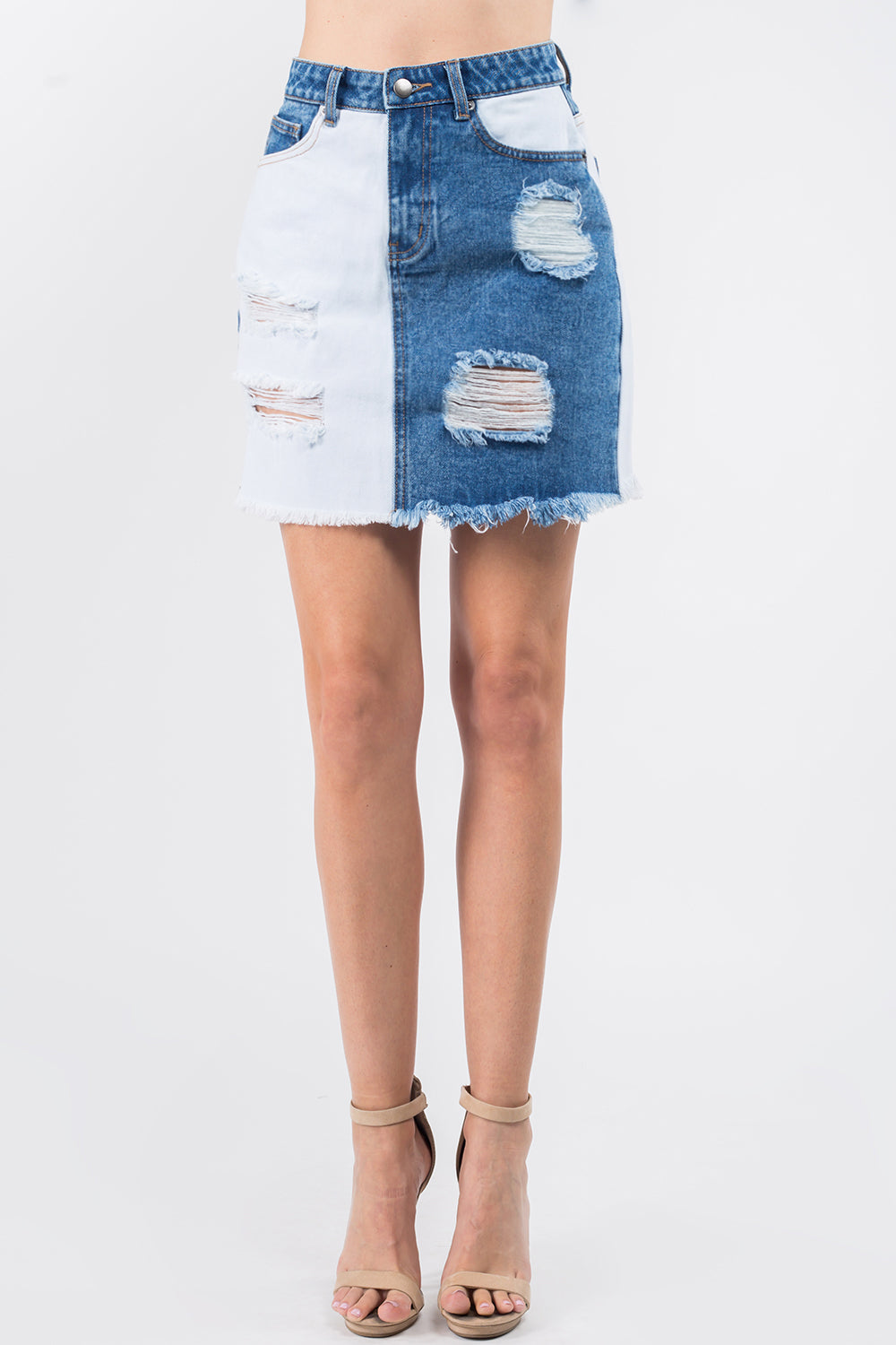 American Bazi Contrast Patched Frayed Denim Distressed Skirt