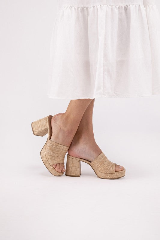 Fortune Dynamic Natural Tone Raffia Heeled Mule Sandals