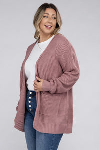 Zenana Plus Size Open Front Waffle Knit Cardigan